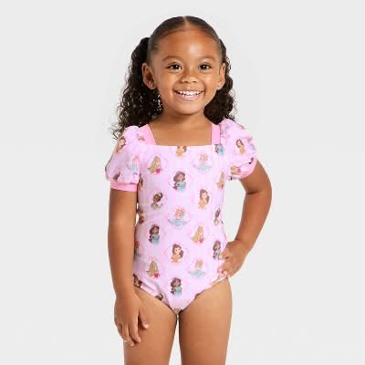 Disney Toddler Girls' Princess Puff Sleeve One Piece Swimsuit, 4T, Light Pink
