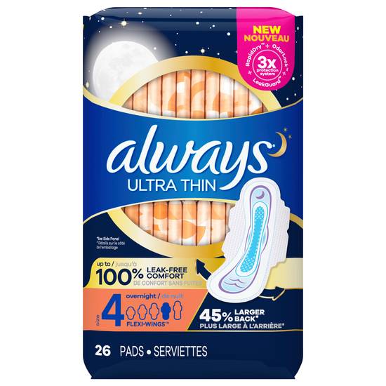 Always Size 4 Ultra Thin Overnight Pads With Wings (26 ct)