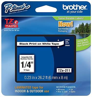 Brother P-Touch Tze-211 Laminated Label Maker Tape, 1/4", Black-White