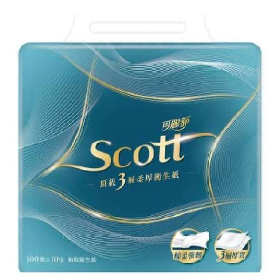 SCOTT可麗舒頂級3層柔厚抽取衛生紙100抽*10包