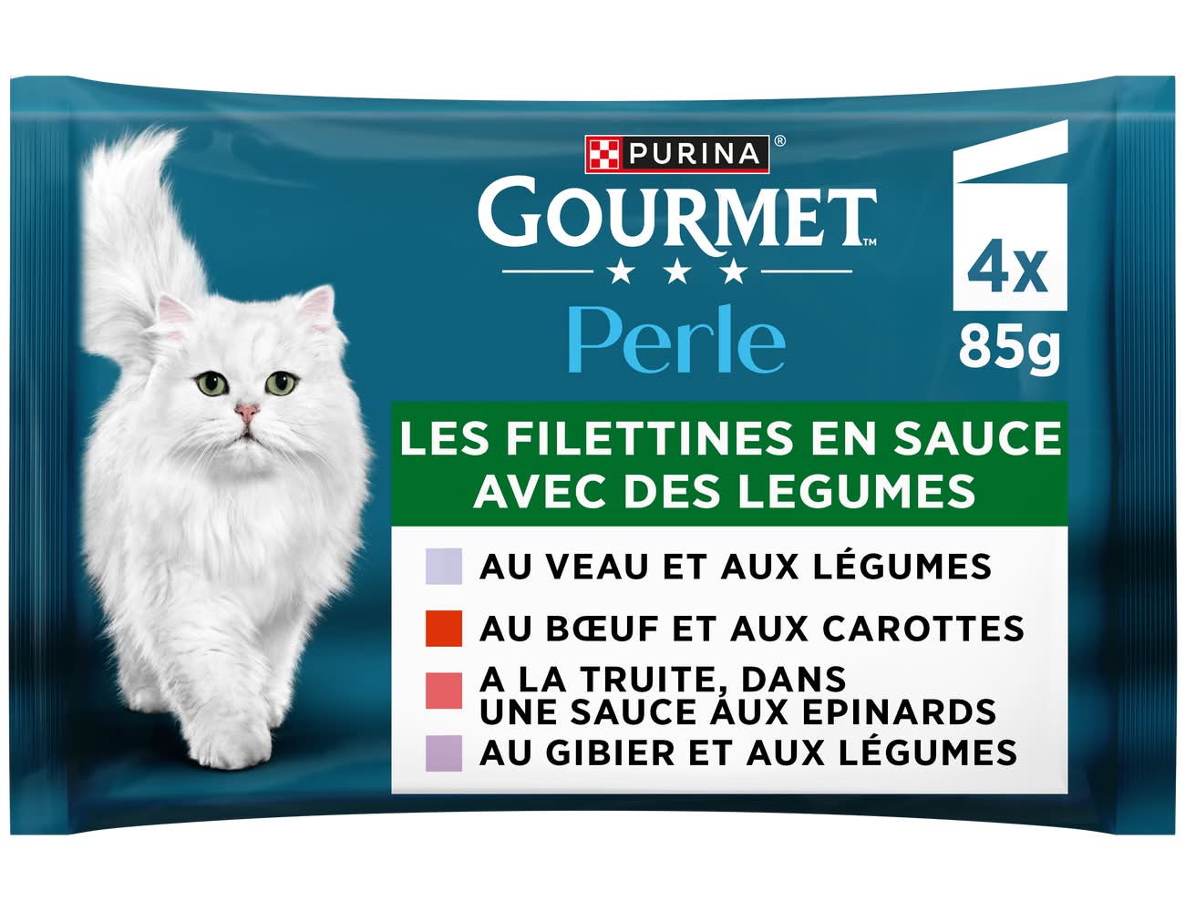 Purina Gourmet - Perle pâtée pour chat filettines en sauce aux légumes, Adulte (4 x 85g)