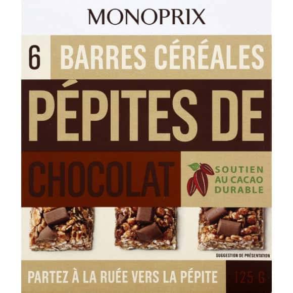 Monoprix Barres Céréales Pépites De Chocolat La Boîte De 6 - 125 G