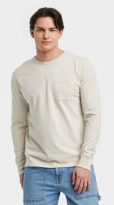 Men's Vintage Long Sleeve Pocket T-Shirt - Goodfellow & Co™ Light Beige XL: Heavyweight Cotton Crew Neck Pullover