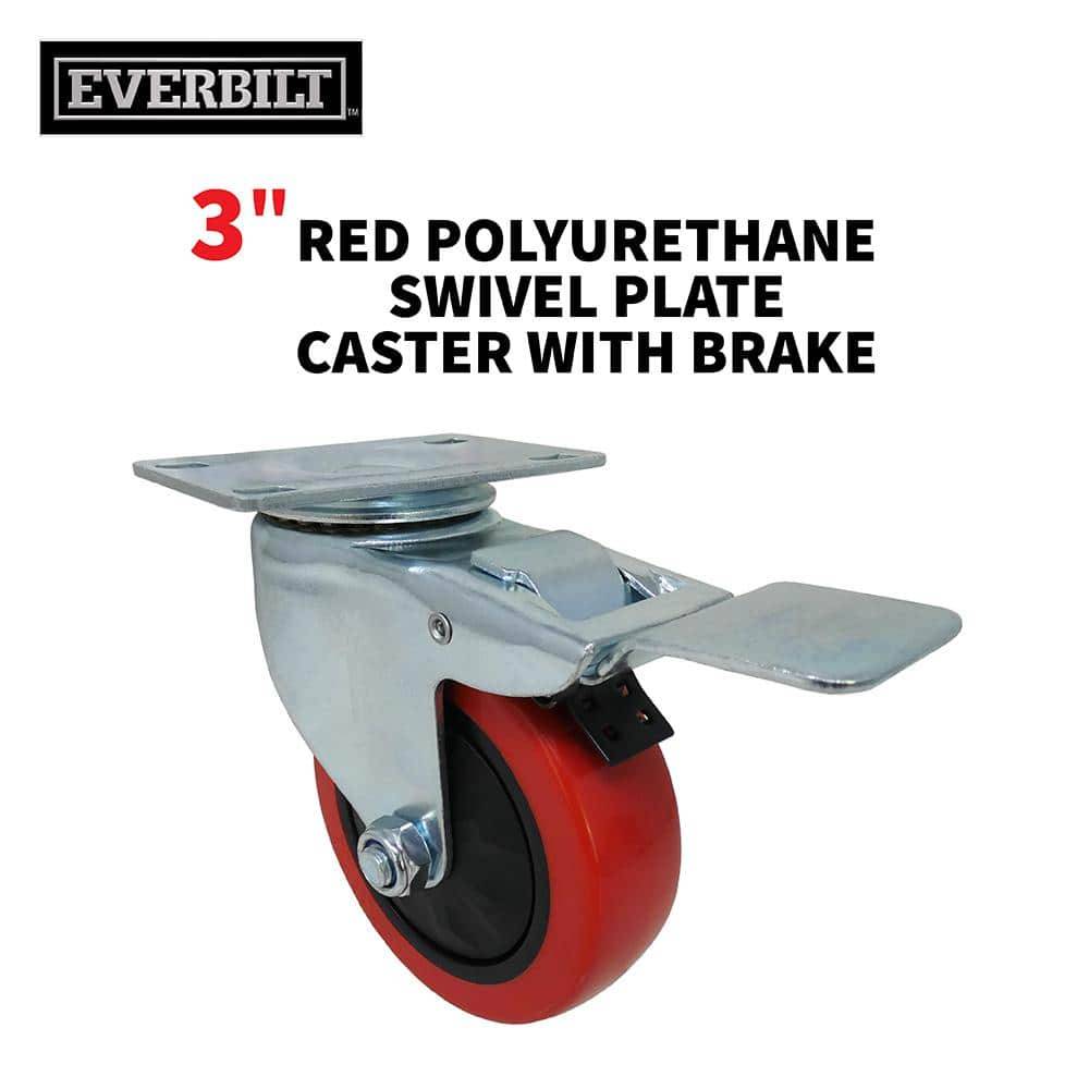 Everbilt 3 In. Red Polyurethane And Steel Swivel Plate Caster With Locking Brake And 175 Lb. Load Rating