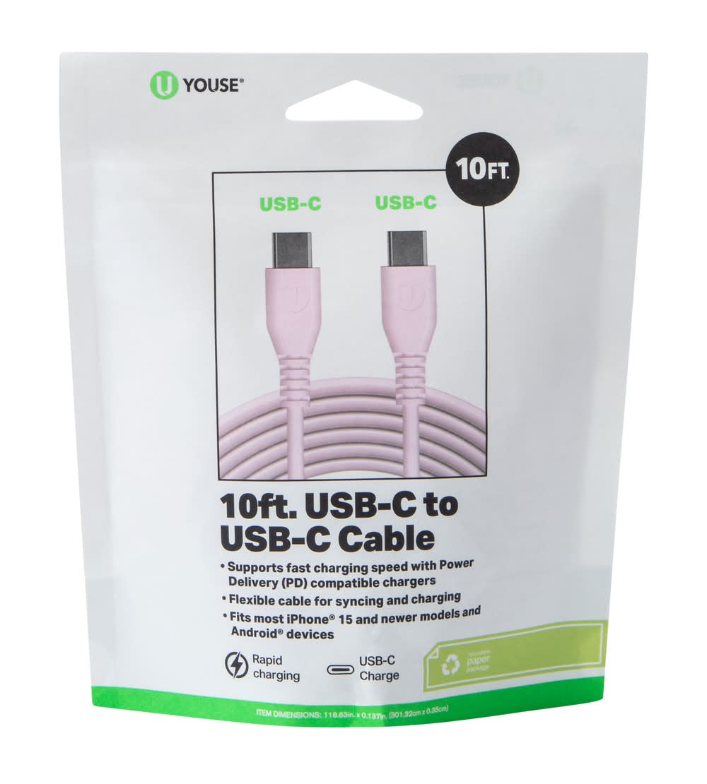 10ft USB-C To USB-C Cable Light Pink