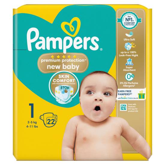 Pampers Premium Protection New Baby Nappies, Size 1, 2kg - 5kg (22 ct)