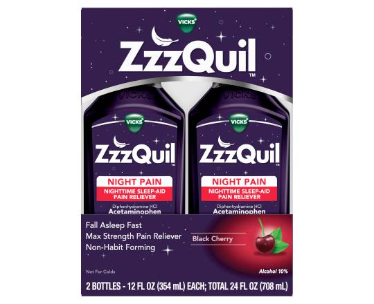 Vicks Zzzquil Nighttime Sleep-Aid/Pain Reliever, Black Cherry (12 fl oz, 2 ct)