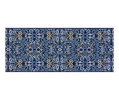 Stacy Navy Medallion Kitchen Rug, (48" x 19")