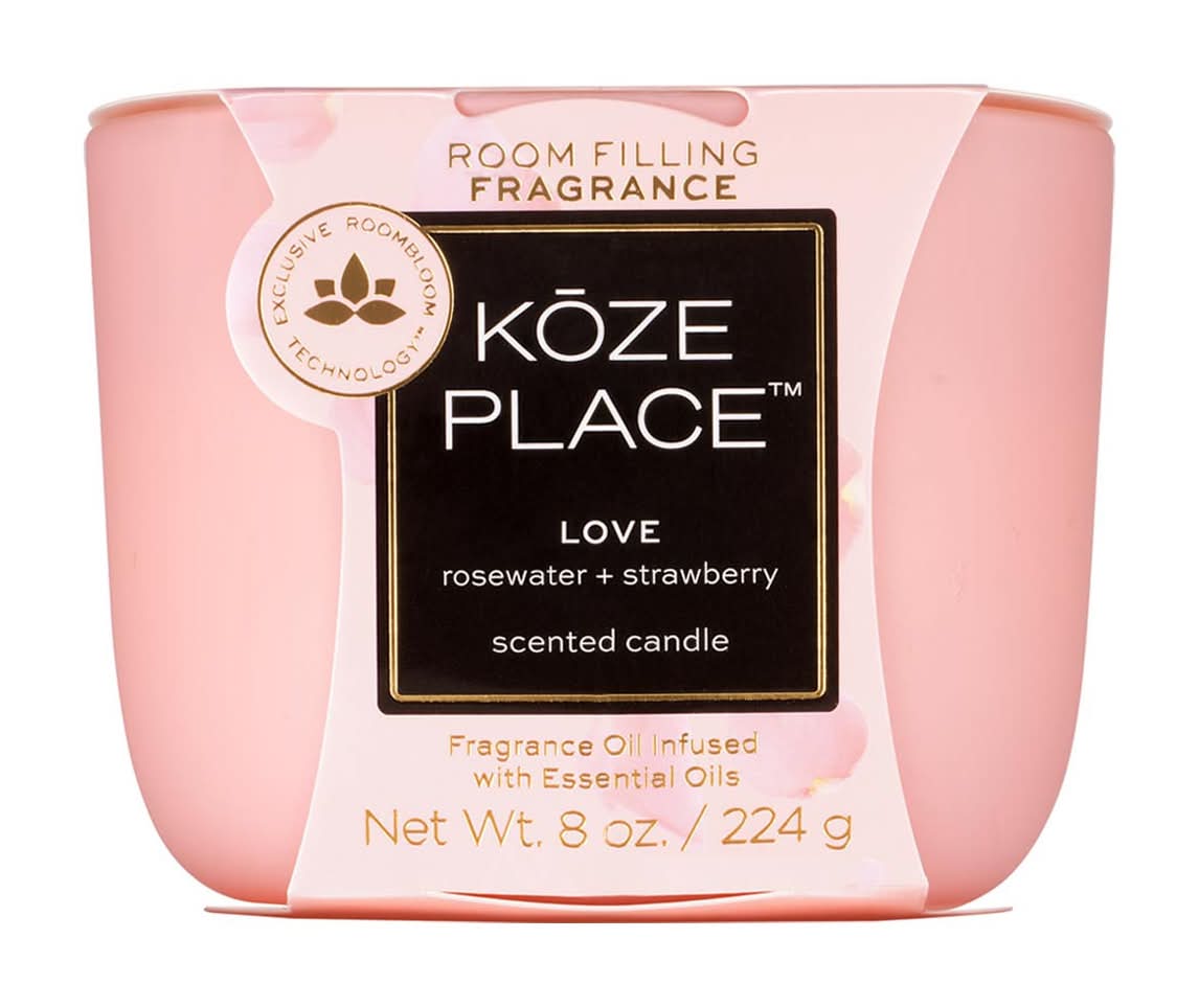 Koze Place Love Scented Candle, Rosewater-Strawberry, Pink (8 oz)