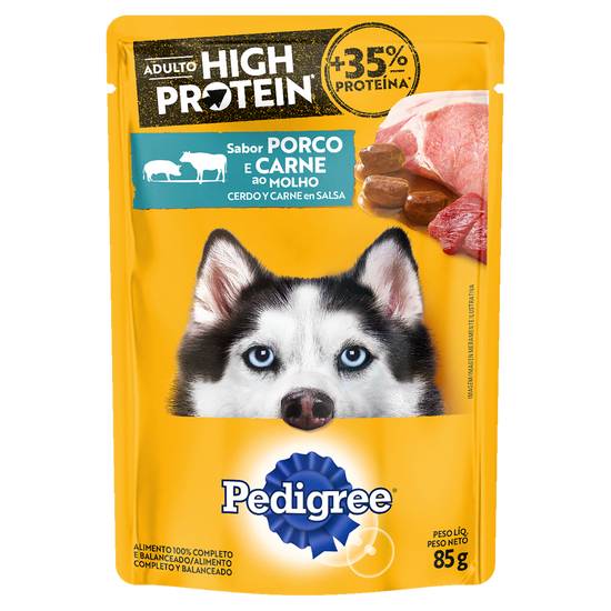 Pedigree ração úmida para cães adultos high protein sabor porco e carne ao molho (85 g)