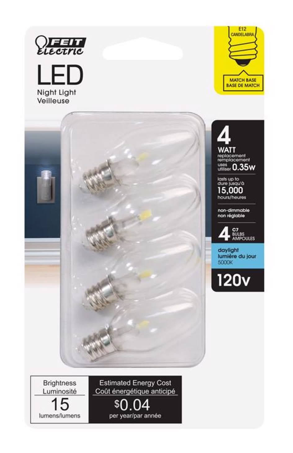 Feit C7 E12 (Candelabra) Led Bulb Daylight 4 Watt Equivalence 4 Pk