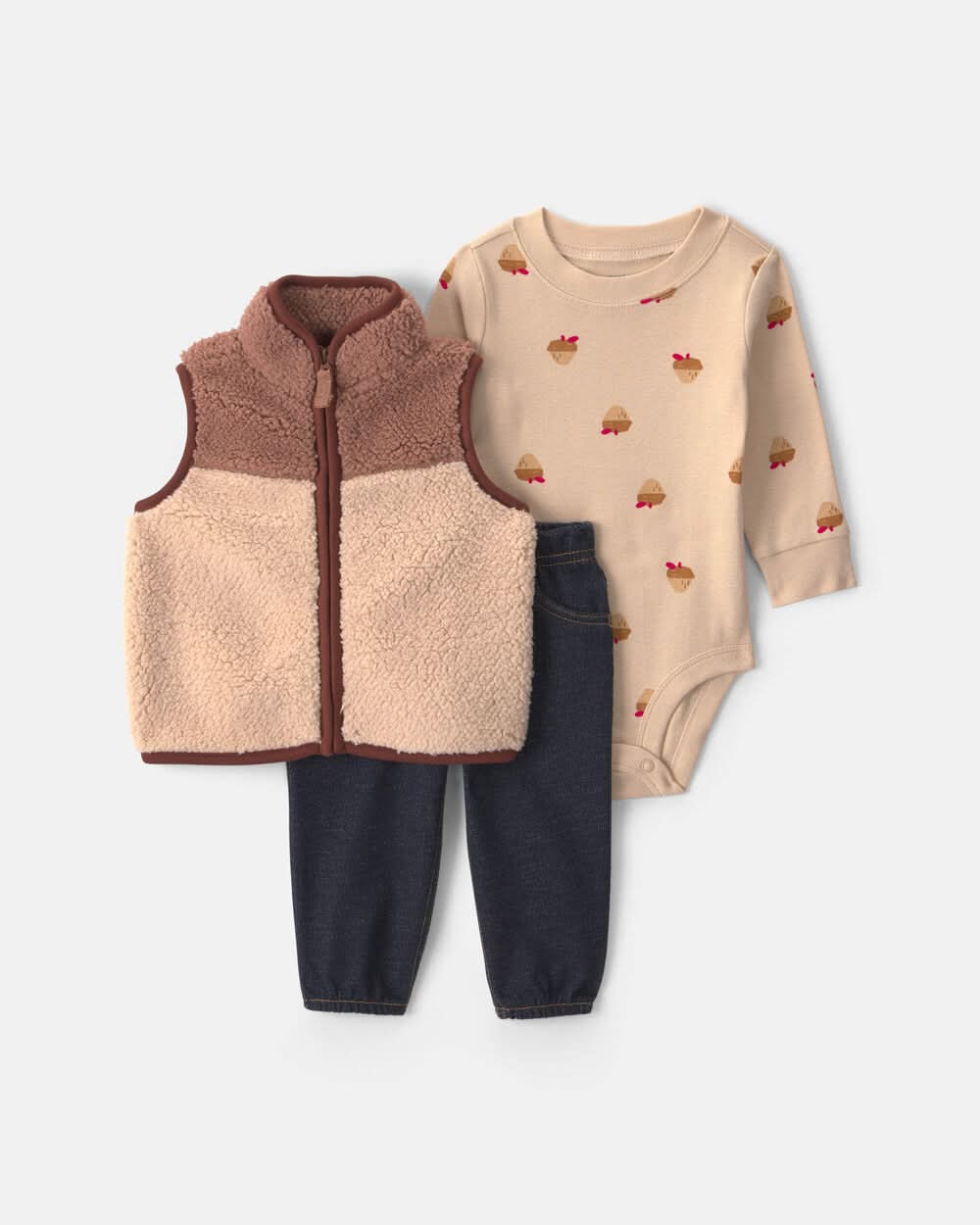 Baby Boy 3-Piece Acorn Teddy Fleece Layering Set - Brown/Indigo - 3M