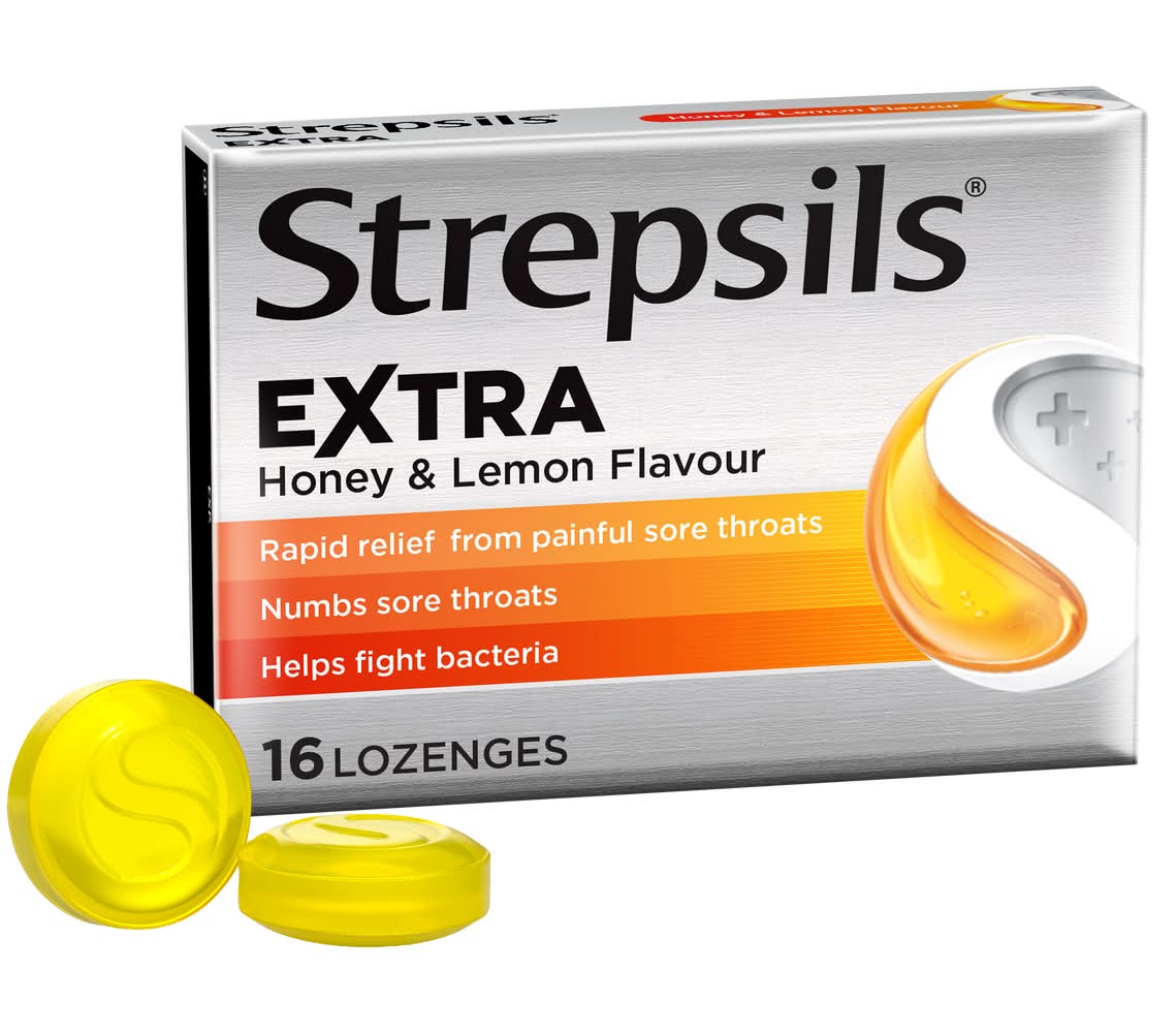 Strepsils Extra Sore Throat Relief Anaesthetic + Antibacterial Lozenges 2.4 mg, Honey & Lemon (16 pack)