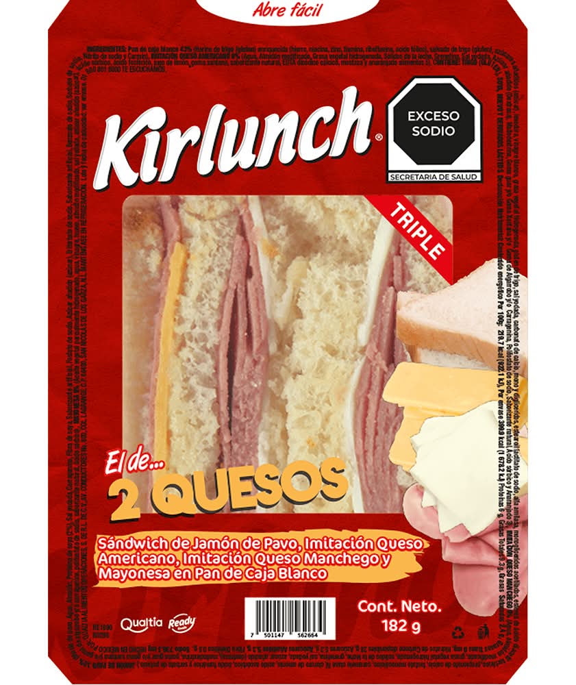 Kirlunch · Sándwich de jamón de pavo con queso americano y manchego imitación (182 g)