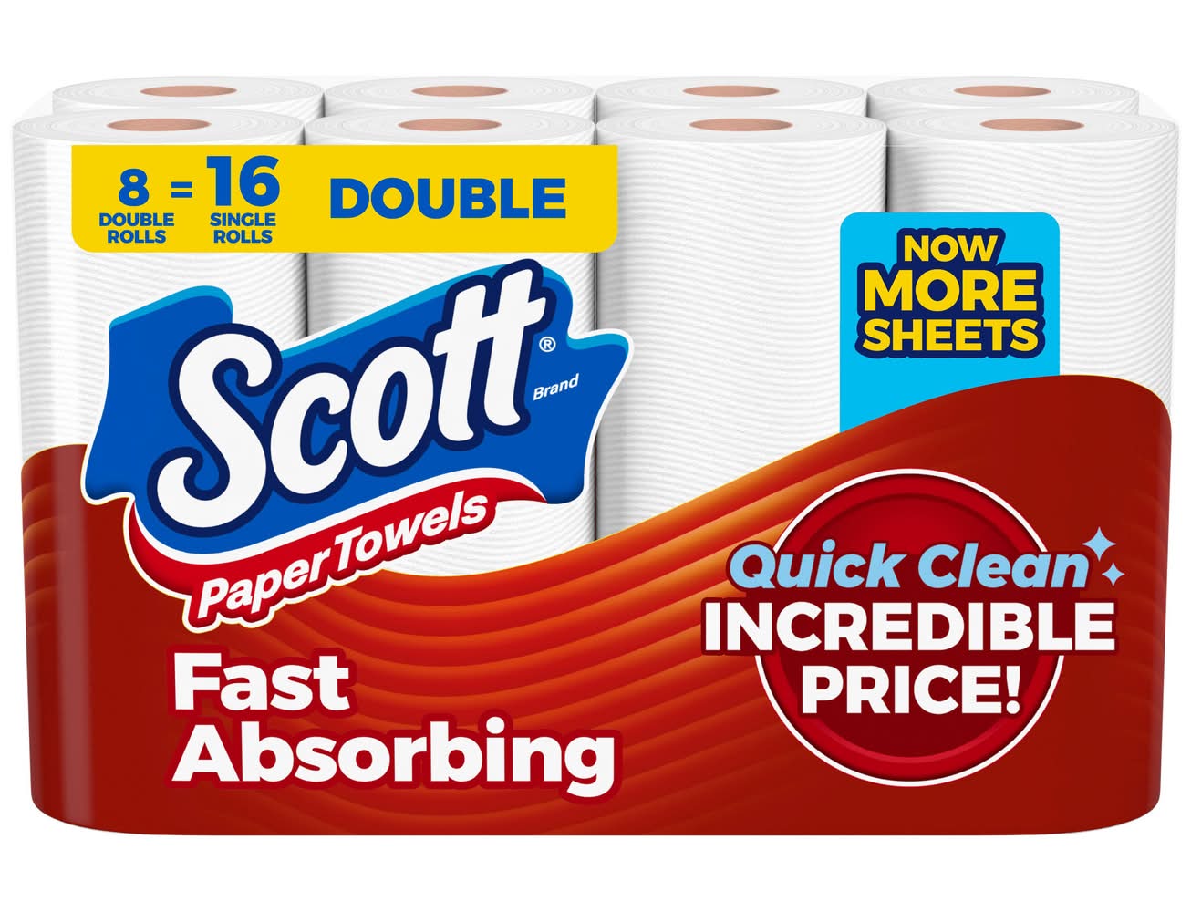 Scott Fast Absorbing Double Rolls Paper Towels, 11x5.9 in, White (8 ct)