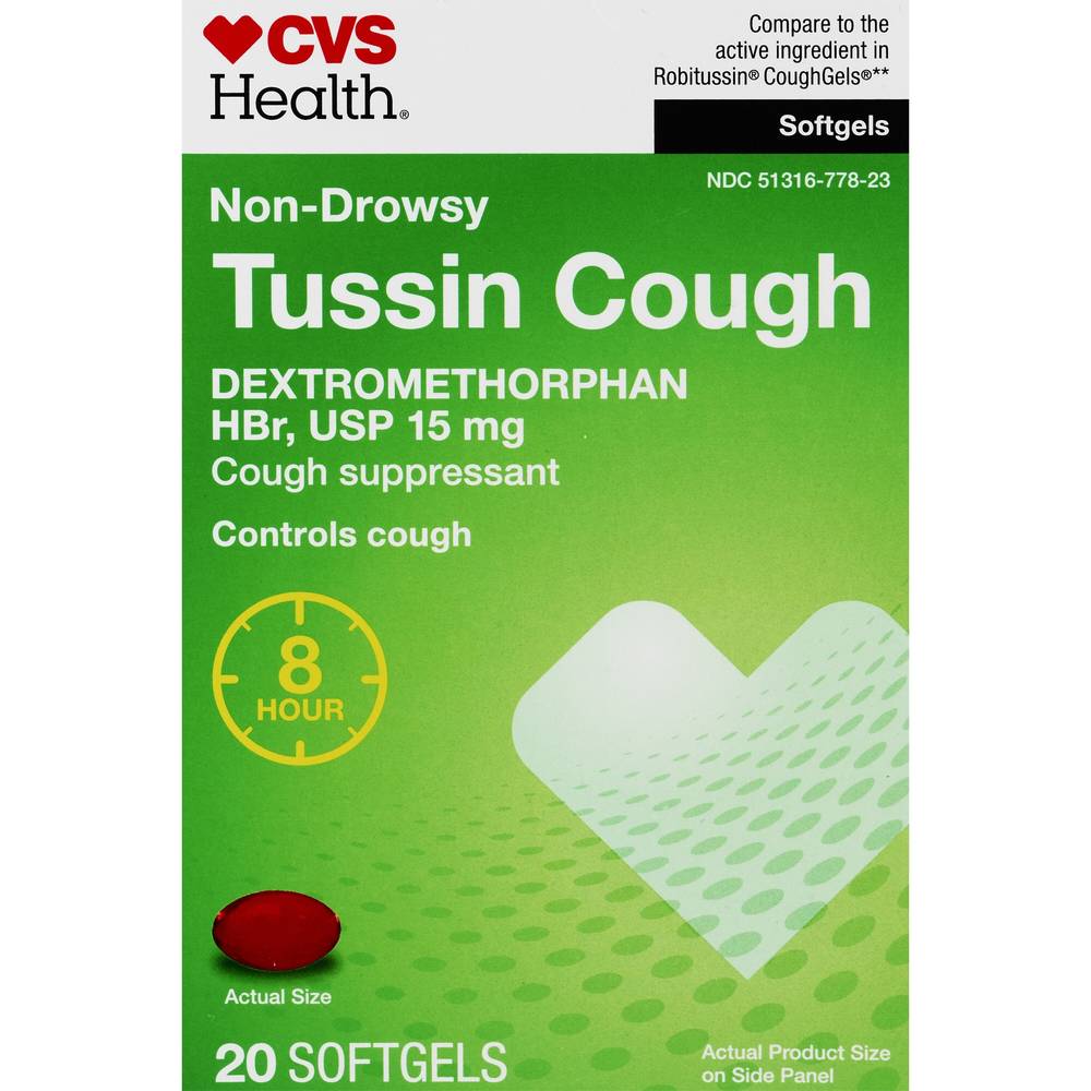 CVS Health 8HR Non Drowsy Tussin Cough Suppressant Relief, 20 CT