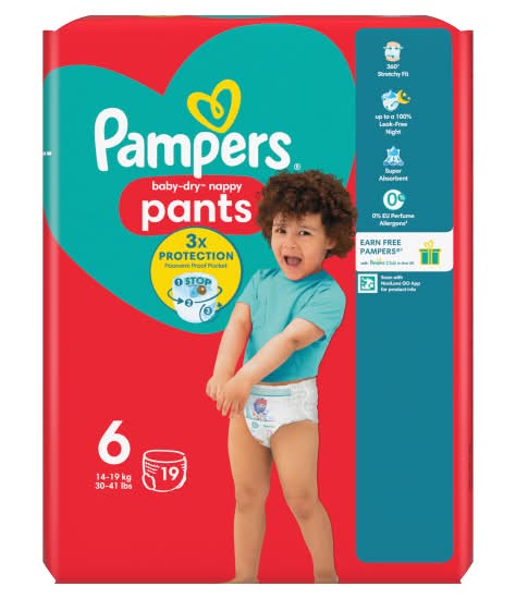 Pampers size 6, Baby-Dry Nappy Pants (19 pack)
