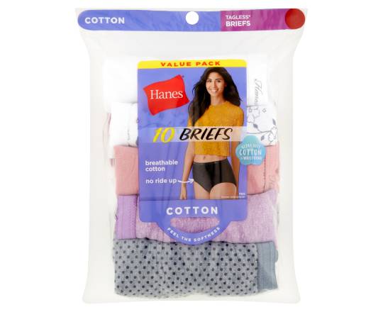Hanes Cotton Brief Panties, Women, 10, Assorted (10 ct)