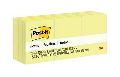 3M Post-it Original Plain Notes, 1-1/2 x 2 Inches, Canary Yellow, Pack of 12