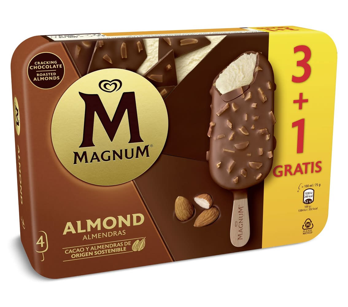 Helado Bombón Almendras 3 + 1 Unidades Magnum Caja 300 G