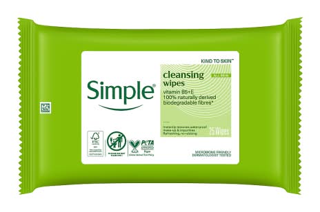Simple Kind To Skin 100% Naturally Derived Vitamin B5 + E Biodegradable Cleansing Face Wipes (25 pack)