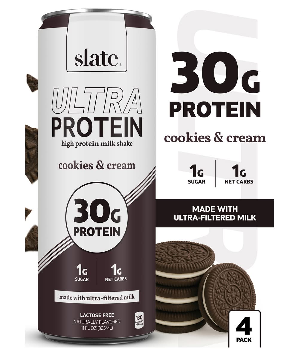 Slate Ultra 30g Protein Milk Shakes, Cookies & Cream (4 x 11 fl oz)