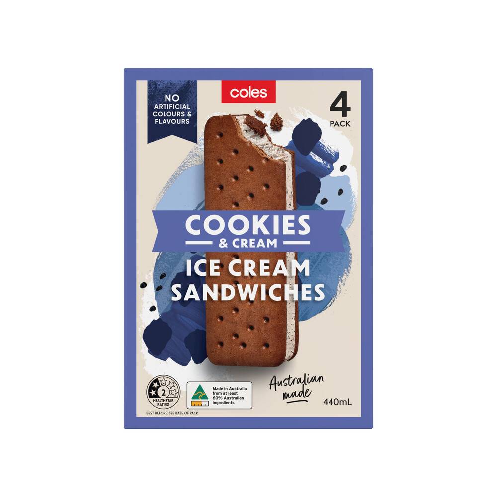 Coles Cookies & Cream Ice Cream Sandwich (440mL, 4 pack)