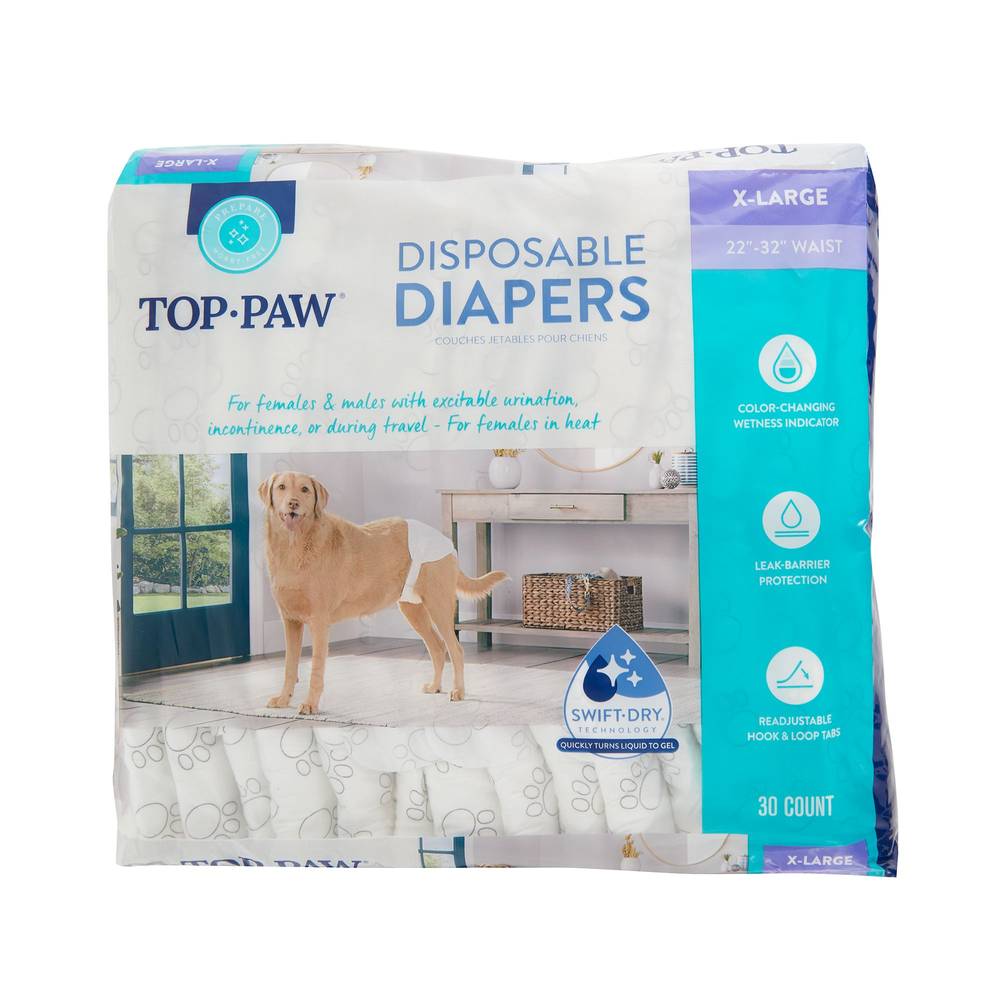 Top Paw Disposable Dog Diapers, X Large-22" X 32", White (30 ct)