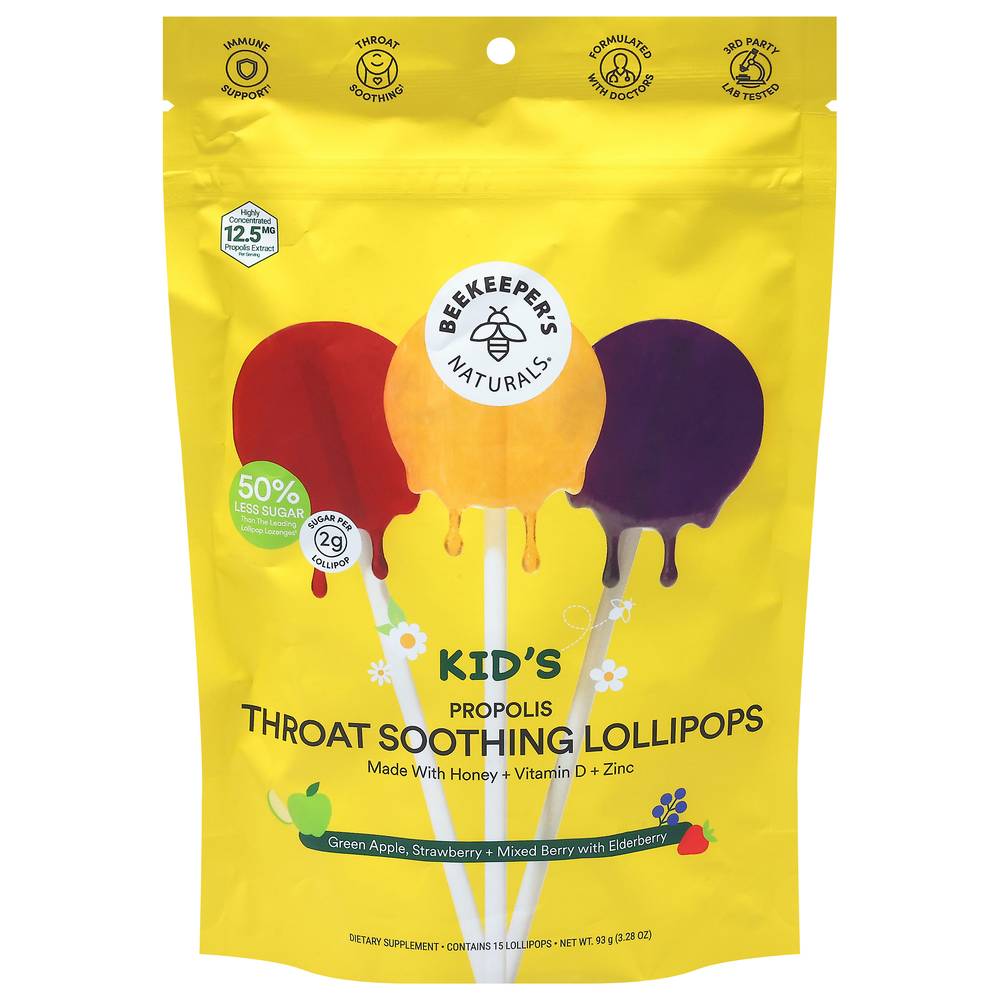 Beekeeper's Naturals Kids Propolis Throat Soother Lollipops, Assorted (0.21 oz, 15 ct)