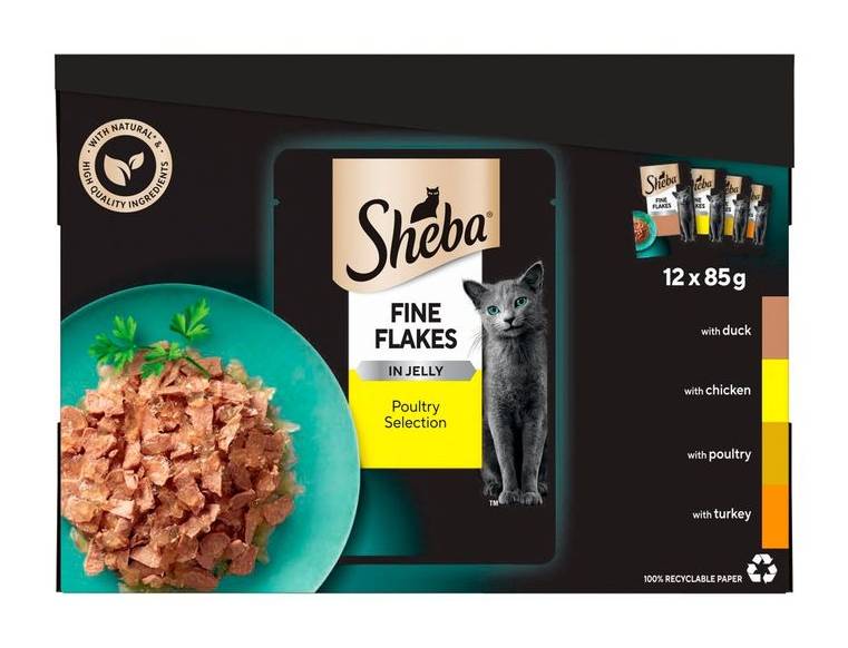 Sheba Fine Flakes Adult Cat Food Pouch Poultry Selection In Jelly 12 X 85g (374624)