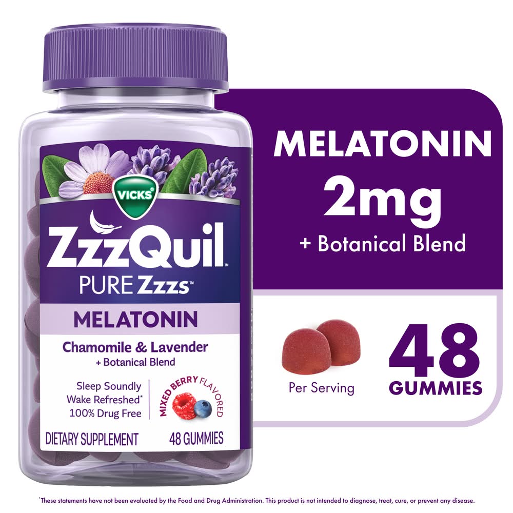 ZzzQuil Pure Zzzs Melatonin+ Chamomile & Lavender Gummies, Wildberry Vanilla (48 ct)