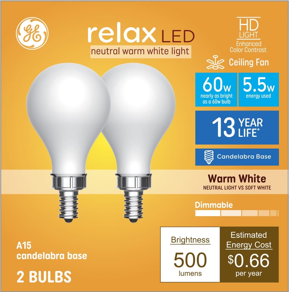 GE 60 -Watt EQ A15 Warm white Candelabra screw base E12 Dimmable LED Specialty Light Bulb 2 -Pack