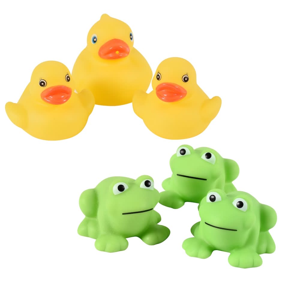 Bath Time Fun! Rubber Duck & Frog Vinyl Bath Toys, Green-Yellow (6 ct)