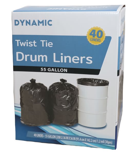 Dynamic Twist Tie Drum Liners Trash Bags 55 Gallon, 36" x 56", Black (40 ct)