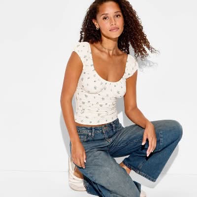 Women's Cap Sleeve Scoop Neck Emma Top - Wild Fable™ Off-White Floral S