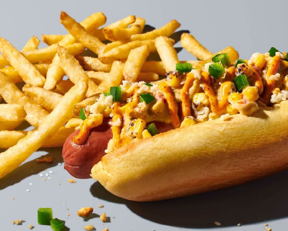 Elote Hot Dog with Fries