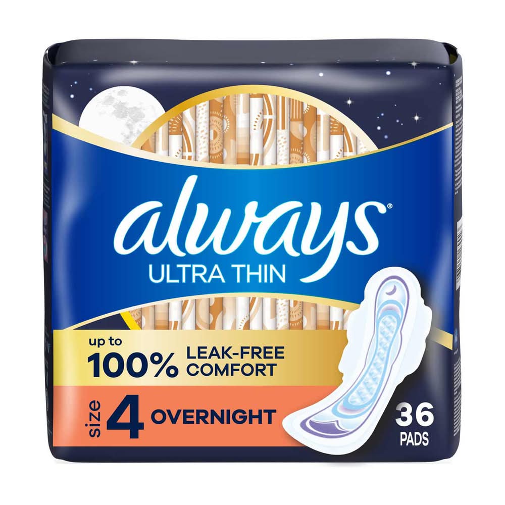 Always Ultra Thin Feminine Pads With Wings Size 4 Overnight Absorbency Unscented 36 Ct