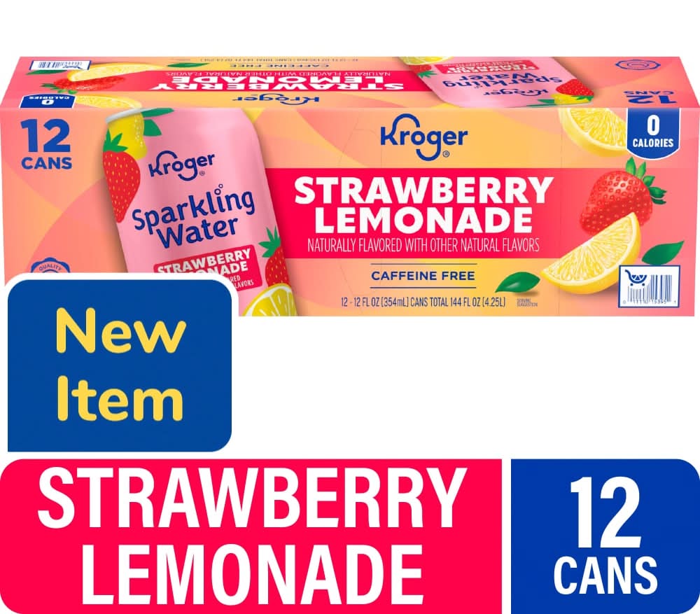 Kroger Caffeine Free Sparkling Water, Strawberry Lemonade (12 x 12 fl oz)