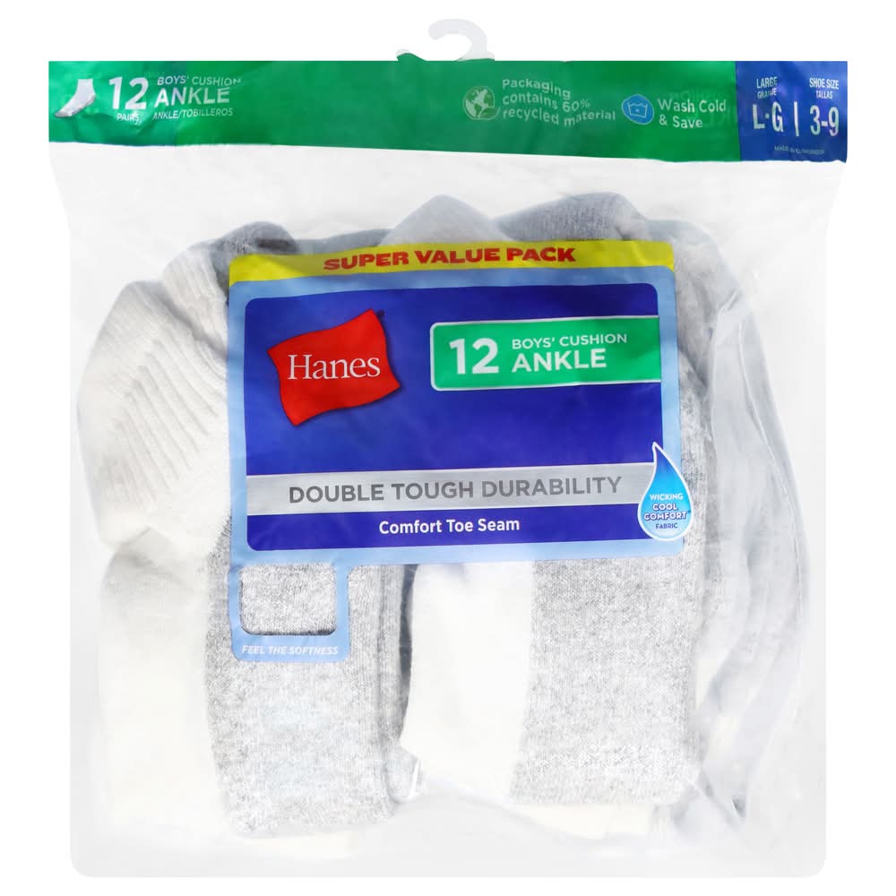 Hanes Boys' Cushion Ankle Socks Value pack, Large (12 ct)
