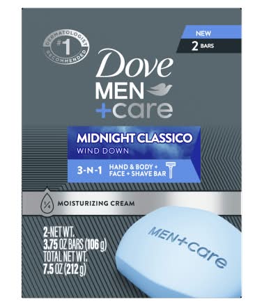 Dove Men+ Care 3-n-1 Hand & Body + Face + Shave Bar, Midnight Classico (3.75 oz, 2 ct)
