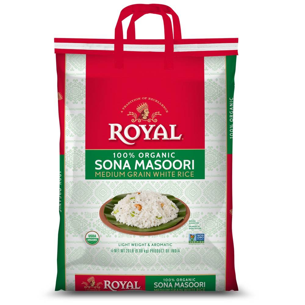 Royal 100% Organic Sona Masoori Medium Grain White Rice (20 lbs)