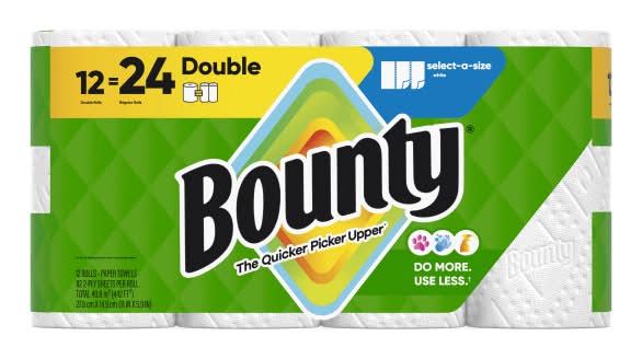 Bounty Paper Towels Select-A-Size Double Rolls, 12 Rolls Total/82 Sheets Per Roll, White