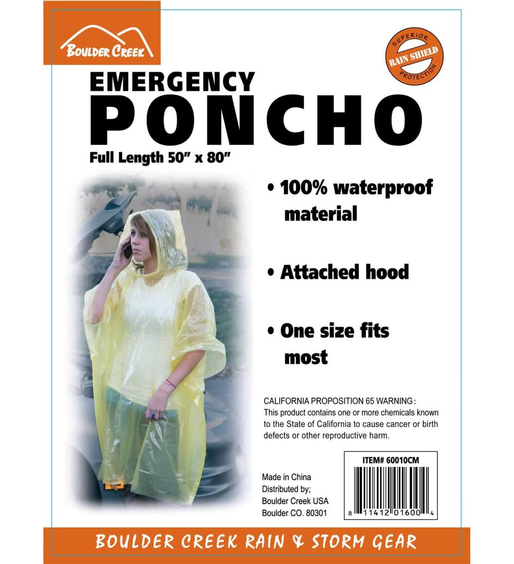 Boulder Creek Yellow Pvc Emergency Poncho One Size Fits All