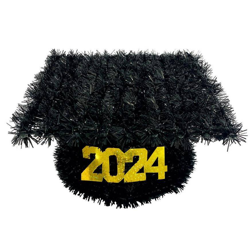 Party City 3d Tinsel 2024 Graduation Cap Decoration (8in x 4.5in/black-gold)