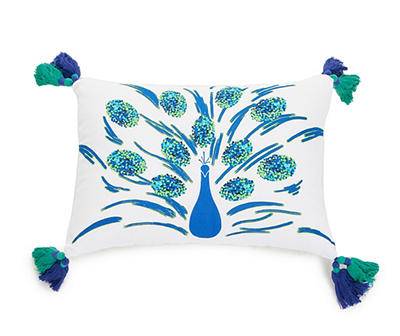 Blossom White & Blue Peacock Rectangle Throw Pillow