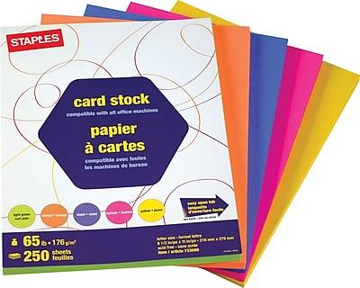 Staples® Brights Colored Card Stock, 8.5 x 11, Neon Assorted, 250 Sheets/Pack (16428)