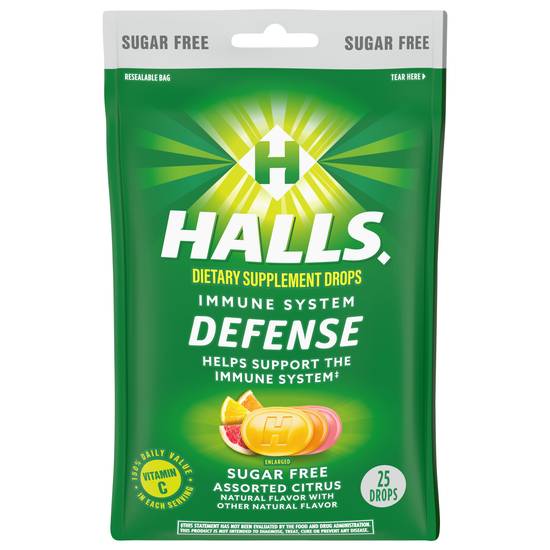 Halls Defense Sugar Free Assorted Citrus Dietary Supplement Drop