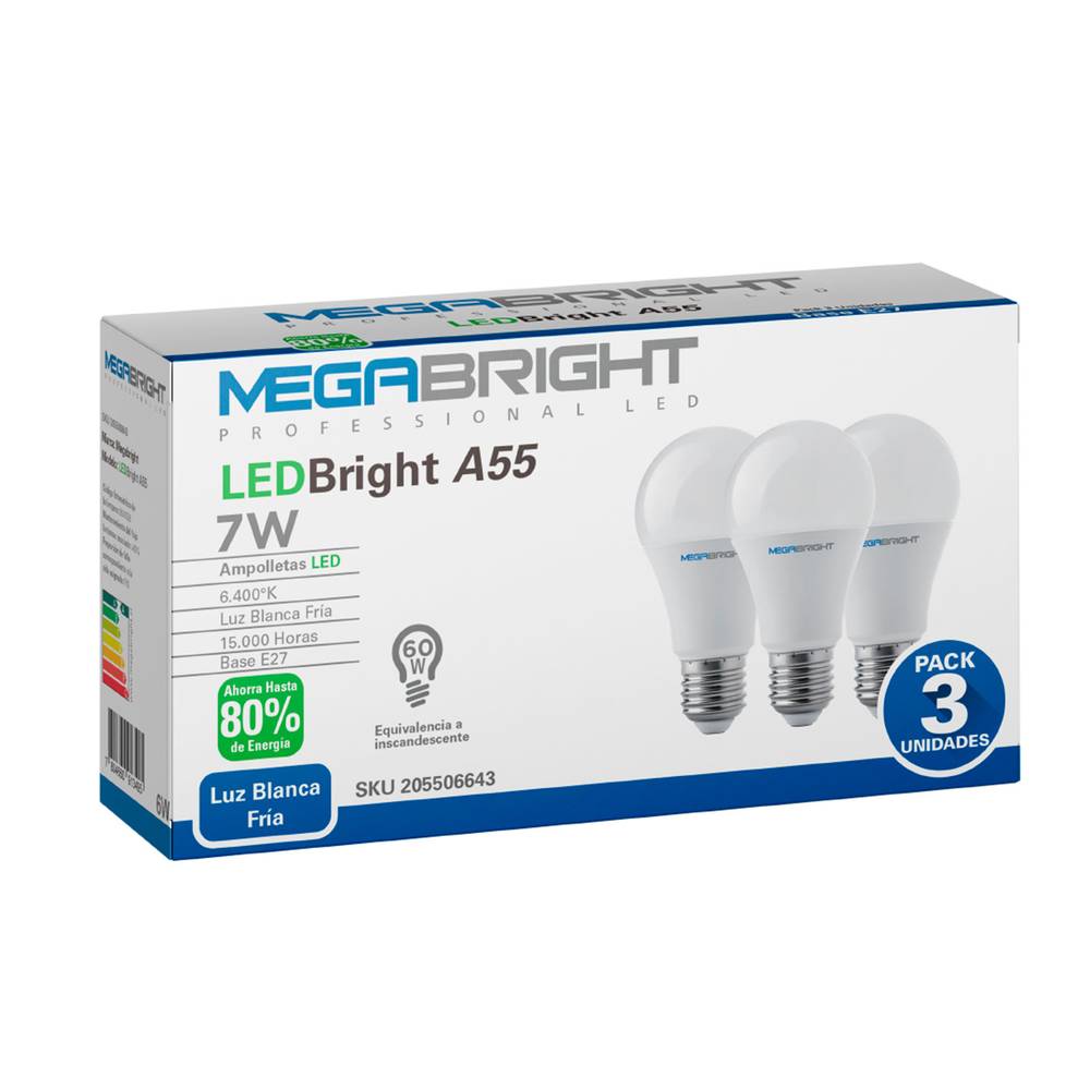 Pack ampolleta led a55 luz blanca fría e27 7w (3 un)