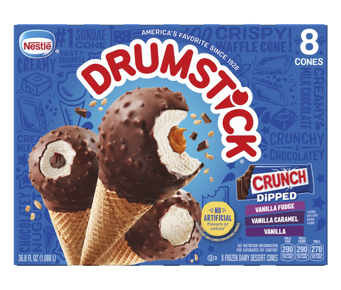 Drumstick Crunch Dipped Sundae Frozen Dairy Dessert Cones, Vanilla Fudge-Vanilla Caramel-Vanilla (36.8 fl oz)