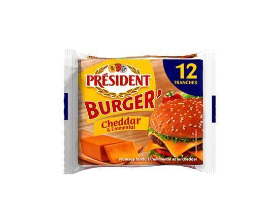 Fromage pour burger fondu cheddar emmental PRÉSIDENT - Paquet de 12 tranches (200g)